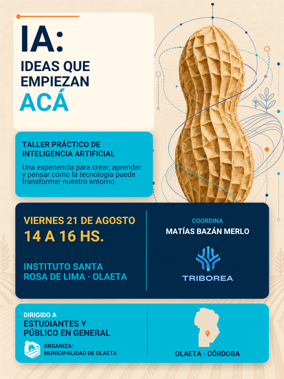 Flyer del taller práctico de inteligencia artificial en Olaeta, viernes 21 de agosto de 14 a 16 horas